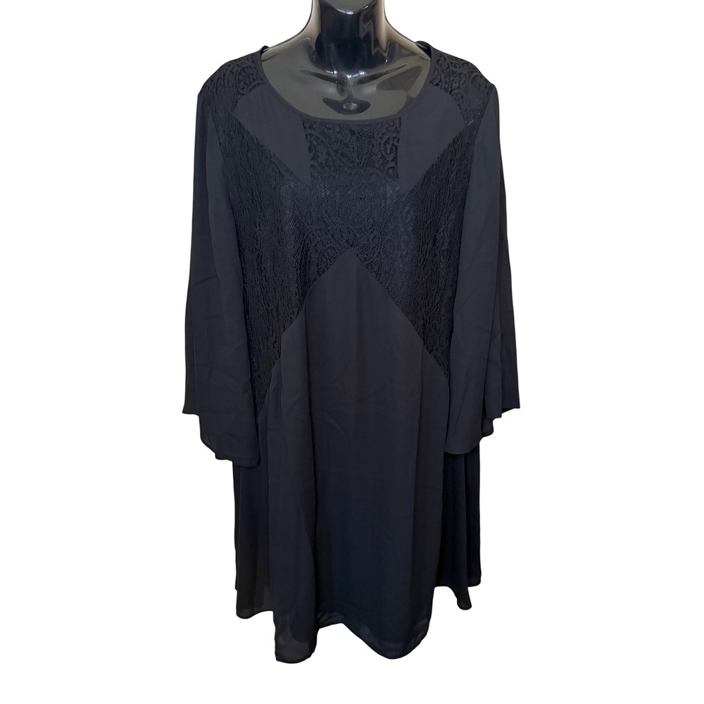 Sami & Jo Plus Witchy Whimsigoth Black Lace Panel Bell Sleeve Shift Dress 1X